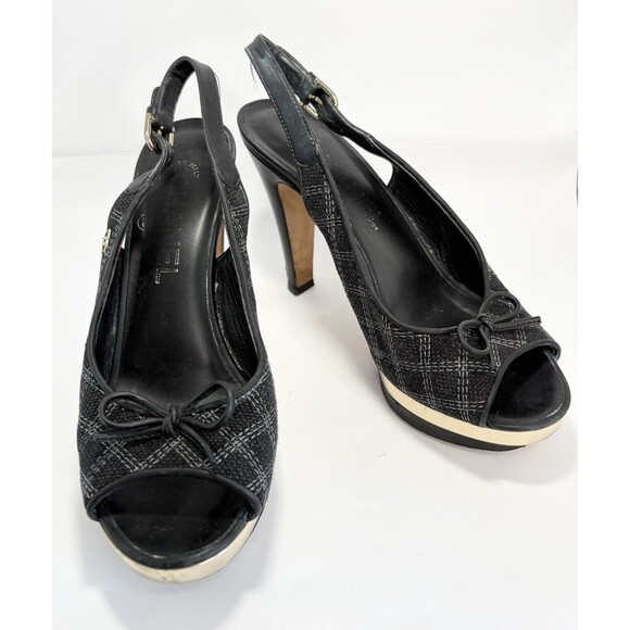 Chanel Black Checkered Embroidered Canvas Peep Toe Platform Slingbacks Sz EU 35C - Picture 5 of 16